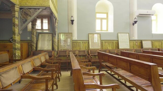 Kutaisi, Georgia - July 3, 2024: Interior of synagogue in Kutaisi, Georgia. Panoramic view of bright and decorated interior of Jewish synagogue