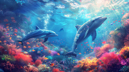 Obraz premium Vibrant Art Nouveau-Inspired Underwater Scene with Dolphins and Coral Reefs