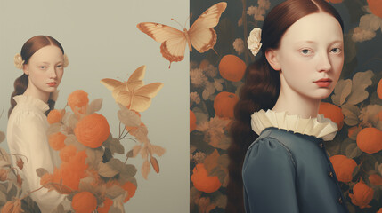 Young woman surrounded by vibrant flowers and delicate butterflies in a renaissance style digital art portrait