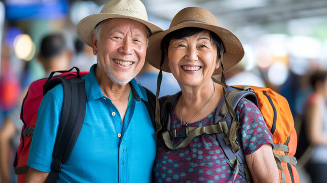Happy senior tourist couple wearing backpacks smiling at the train station