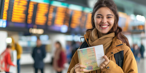 Young woman holding passport smiling at airport terminal