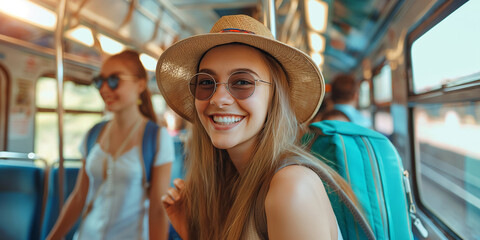 Young woman smiling while riding train with friends