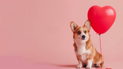 cute dog next to a heart balloon on a pink background