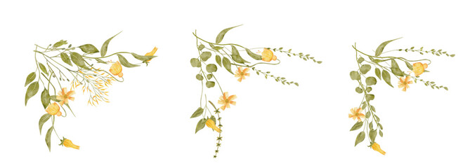 Watercolor vector set of wildflower flowers and leaves corner decoration. Suitable for use in invitation, card, etc