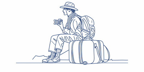 Fototapeta premium Photographer taking a break on a trip sitting on luggage