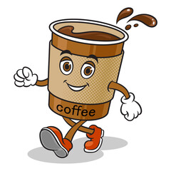Cartoon walking coffee cup pop art retro PNG illustration. Comic book style imitation.