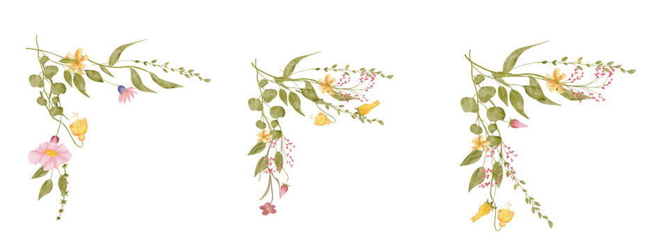 Watercolor vector set of wildflower flowers and leaves corner decoration. Suitable for use in invitation, card, etc