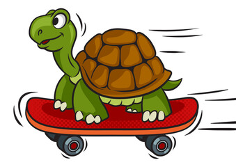 cartoon turtle rides skateboard pop art retro PNG illustration. Comic book style imitation.
