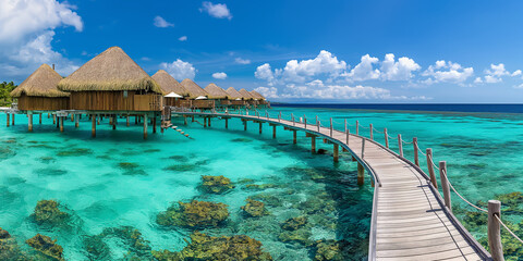Obraz premium Wooden path leading to overwater bungalows in a tropical paradise