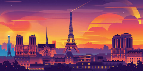 Paris skyline at sunset featuring notre dame cathedral and eiffel tower illustration