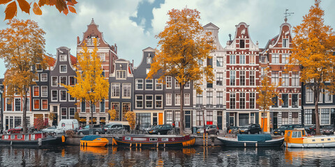 Amsterdam canal with boats and typical houses in autumn