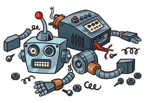 disassembled broken cartoon robot pop art retro PNG illustration. Comic book style imitation.