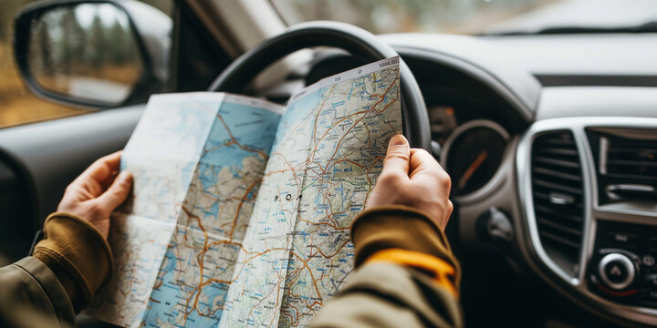 Tourist holding paper map navigating while driving car