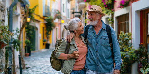 Happy senior tourist couple walking and having fun in typical italian street - Powered by Adobe