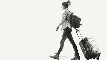 Naklejka premium Young woman walking with suitcase and backpack sketch effect