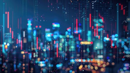 Obraz premium Stock and forex trade chart, digits, numbers, bearish and bullish candles. City downtown financial skyscraper background