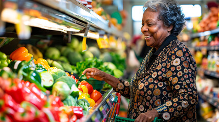 Black senior woman shopping for fresh vegetables at grocery store