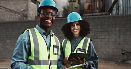 Man, woman and face for engineering teamwork with tablet or clipboard for building inspection, construction or development. Colleagues, hard hat and urban city for architecture project, online or job