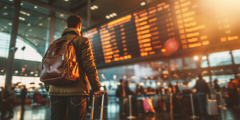 Young man holding suitcase looking at airport timetable