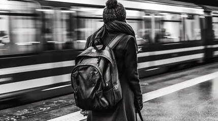 Obraz premium Student girl waiting for train passing by in subway station