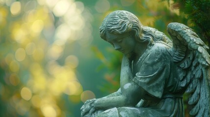 plaster statue of a praying angel in a green park