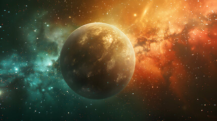 Fototapeta premium A solar planet surrounded by colorful cosmic dust and twinkling stars
