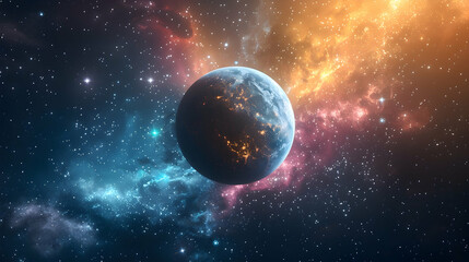 Fototapeta premium A solar planet surrounded by colorful cosmic dust and twinkling stars
