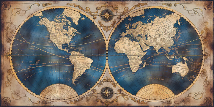 Antique world map showing western and eastern hemispheres with vintage details