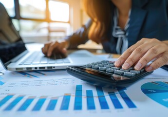 Close up of a businesswoman using a calculator to identify advertising costs, focusing on her hand and the calculator with a background showing an office table with a laptop computer Generative AI