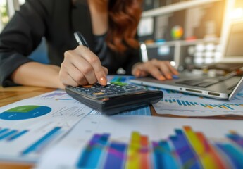 Fototapeta premium Close up of a businesswoman using a calculator to identify advertising costs, focusing on her hand and the calculator with a background showing an office table with a laptop computer Generative AI