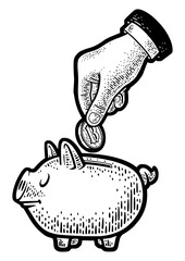 hand throwing bitcoin coin into piggy bank sketch engraving PNG illustration. Scratch board imitation. Black and white hand drawn image. © Oleksandr Pokusai