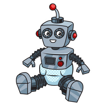 recommend clip art: robot baby in diapers pinup pop art retro PNG illustration. Comic book style imitation.
