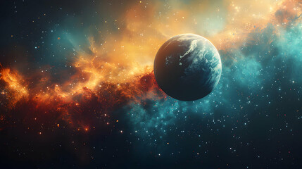  A solar planet surrounded by colorful cosmic dust and twinkling stars