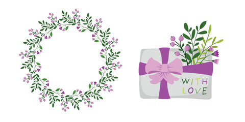 Gift box and round frame with flowers.