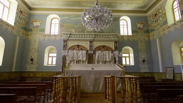 Kutaisi, Georgia - July 3, 2024: Interior of synagogue in Kutaisi, Georgia. Panoramic view of bright and decorated interior of Jewish synagogue