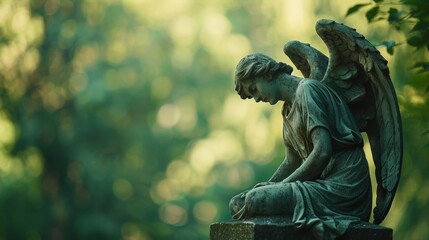 plaster statue of a praying angel in a green park