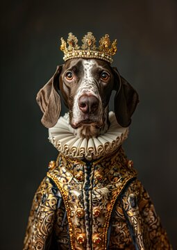 Regal German Shorthaired Pointer in Ornate Royal Attire with Jeweled Crown and Luxurious Embroidered Coat Exuding Nobility and Elegance