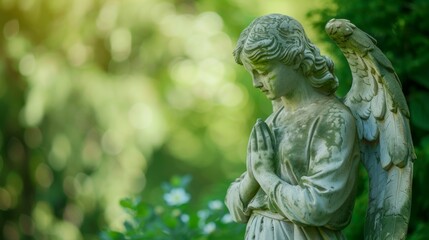 plaster statue of a praying angel in a green park