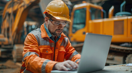 Male construction worker in safety gear using a laptop on-site, showcasing modern technology integration in construction.
