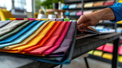 A detailed photograph of a person organizing a fabric swatch book in a modern studio