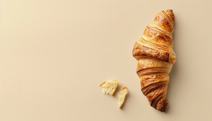 A freshly baked croissant with flaky layers and golden-brown crust on a beige background.