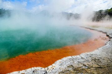 Champagne pool, largest hotspring in the world, geothermal feature at  Wai-O-Tapu in Rotorua North Island New Zealand,