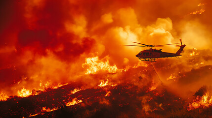 a helicopter dousing a massive wildfire with water. The flames, a vivid orange-red, engulf the landscape, producing thick smoke that billows upwards