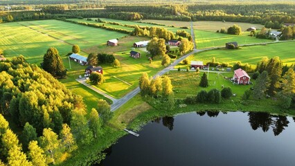 A village in Sweden from above, shot from a drone, green lawns and red houses in the middle of the forest