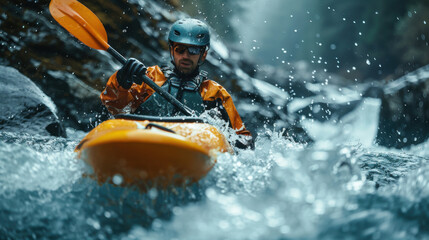 Fototapeta premium Adventurous kayaker navigating through fast-flowing river rapids, showcasing extreme water sports and outdoor adventure.