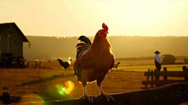 proud rooster crowing at sunrise in a rural farmyard, symbolizing the timeless connection between animals and agriculture.