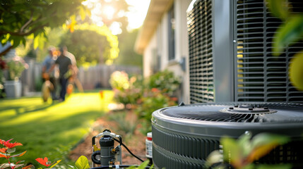 Close-up of an outdoor air conditioning unit with a blurred background of a backyard garden and people.
