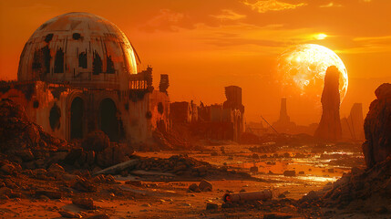  A dystopian solar planet with a bleak landscape and remnants of war-torn structures