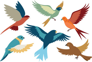 Obraz premium Vector illustration showcasing six colorful birds in flight. Each bird displays unique colors and patterns, creating a vibrant and nature-inspired design.