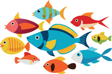 Fototapeta premium A vibrant collection of colorful cartoon fish in various shapes and colors, perfect for children's illustrations and educational materials.